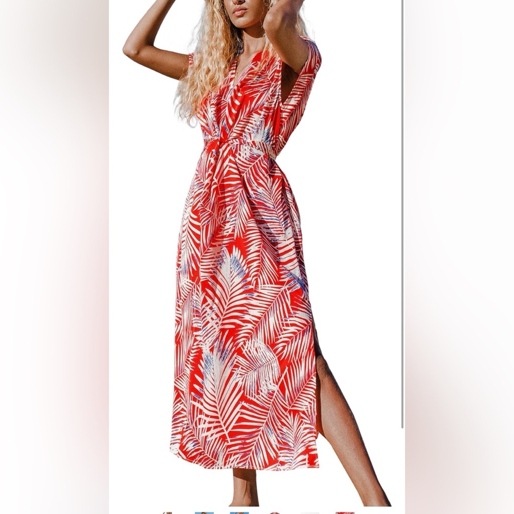 CUPSHE Women's Red Leaf Print Tie Short Sleeves Wrap V Neck Dress
